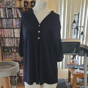 Elegant Black Blouse with Silver Button Detail 3/4 Sleeve